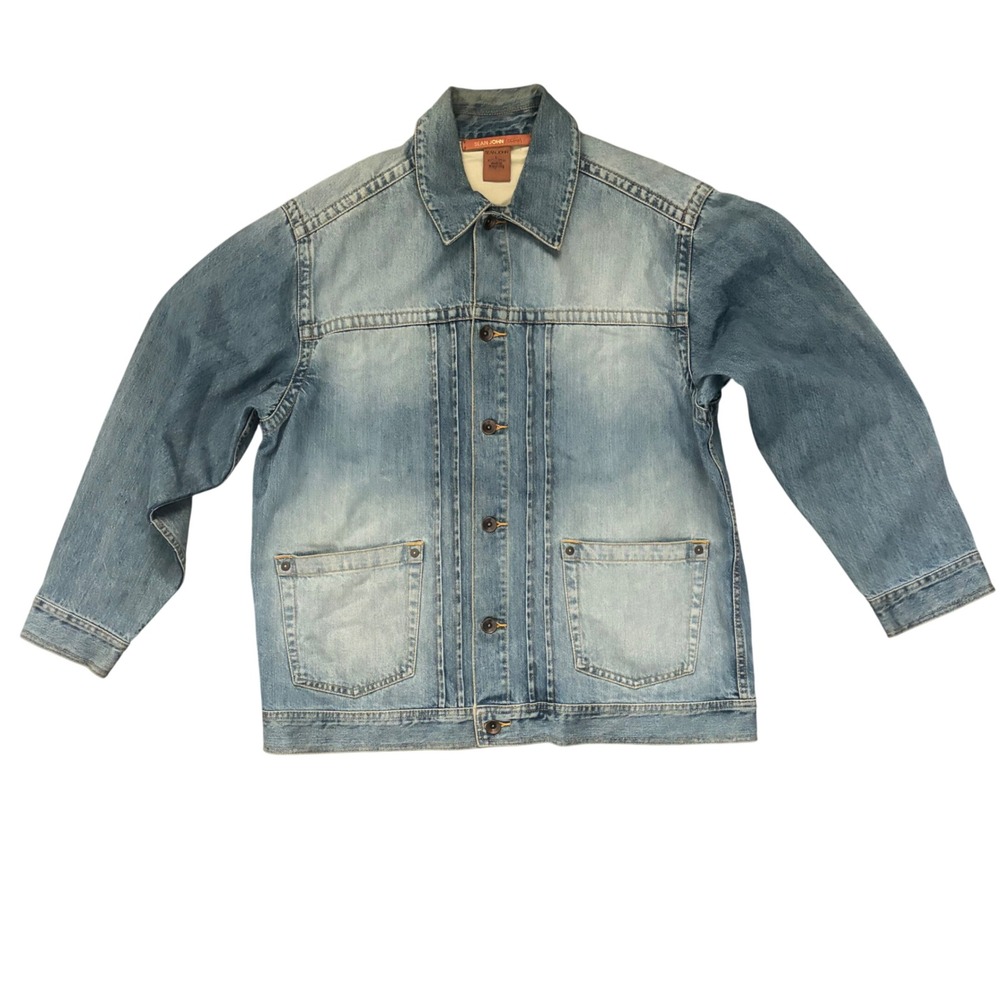 Sean John Denim Jacket Mens Large Light Wash Blue Cotton Button Up Chore Coat